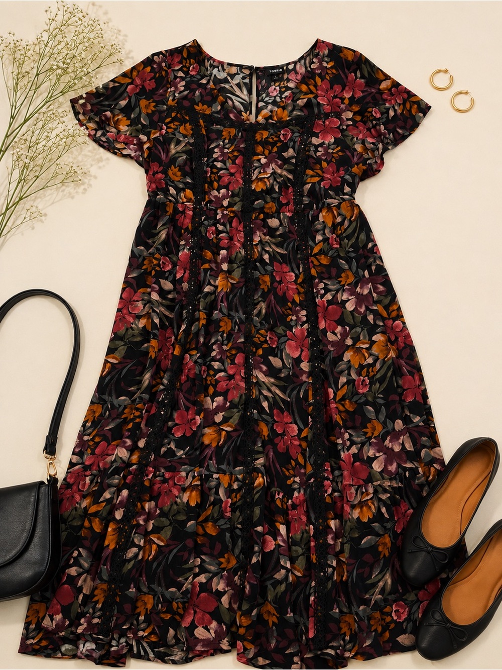 Torrid Size 1 Black Floral Lace Trim Midi Dress Boho Tiered